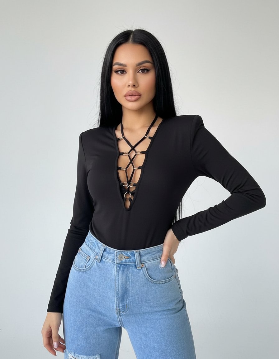 Lace-Up Plunge Long Sleeve Bodysuit