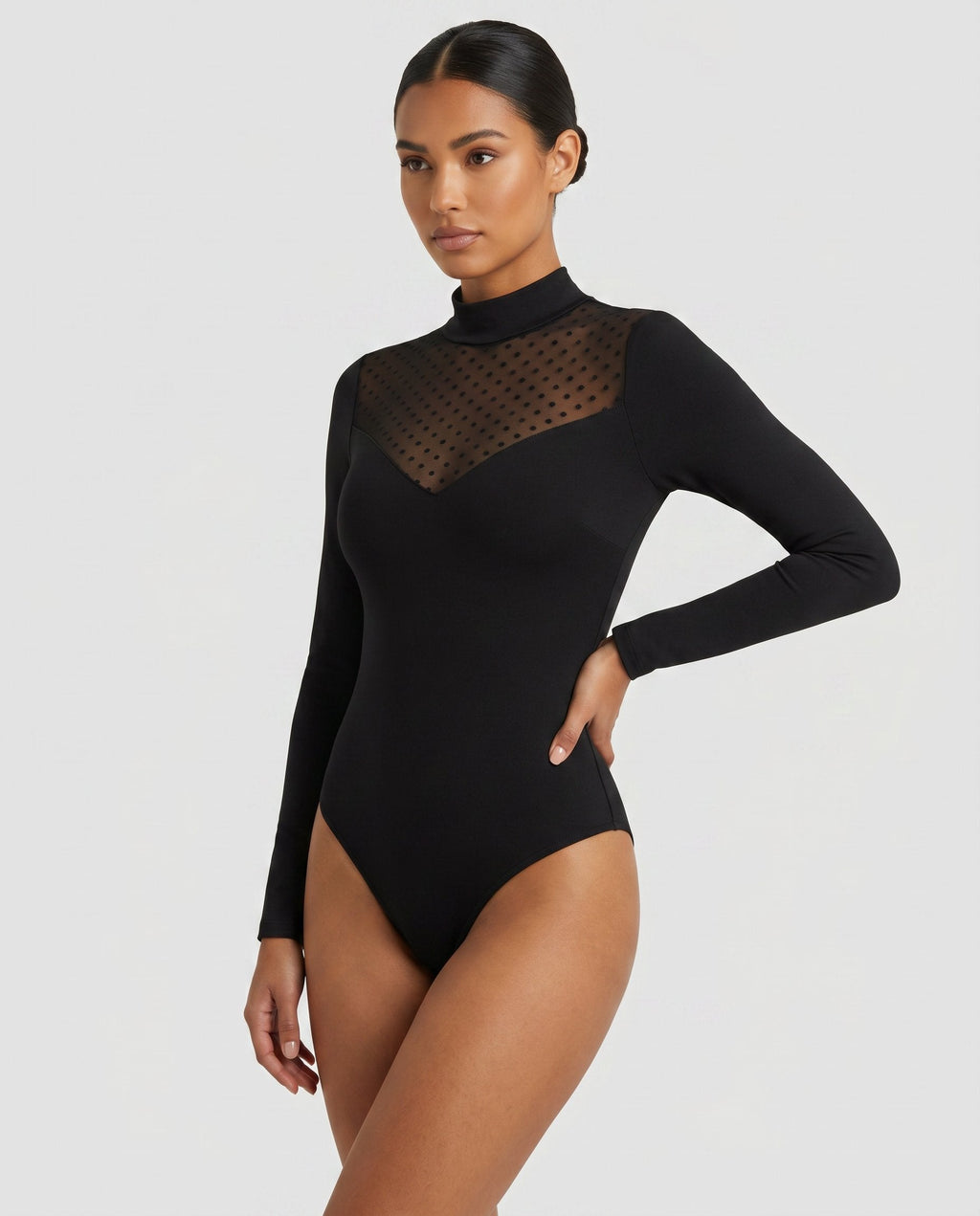 Polka Dot Mesh Yoke Turtleneck Bodysuit