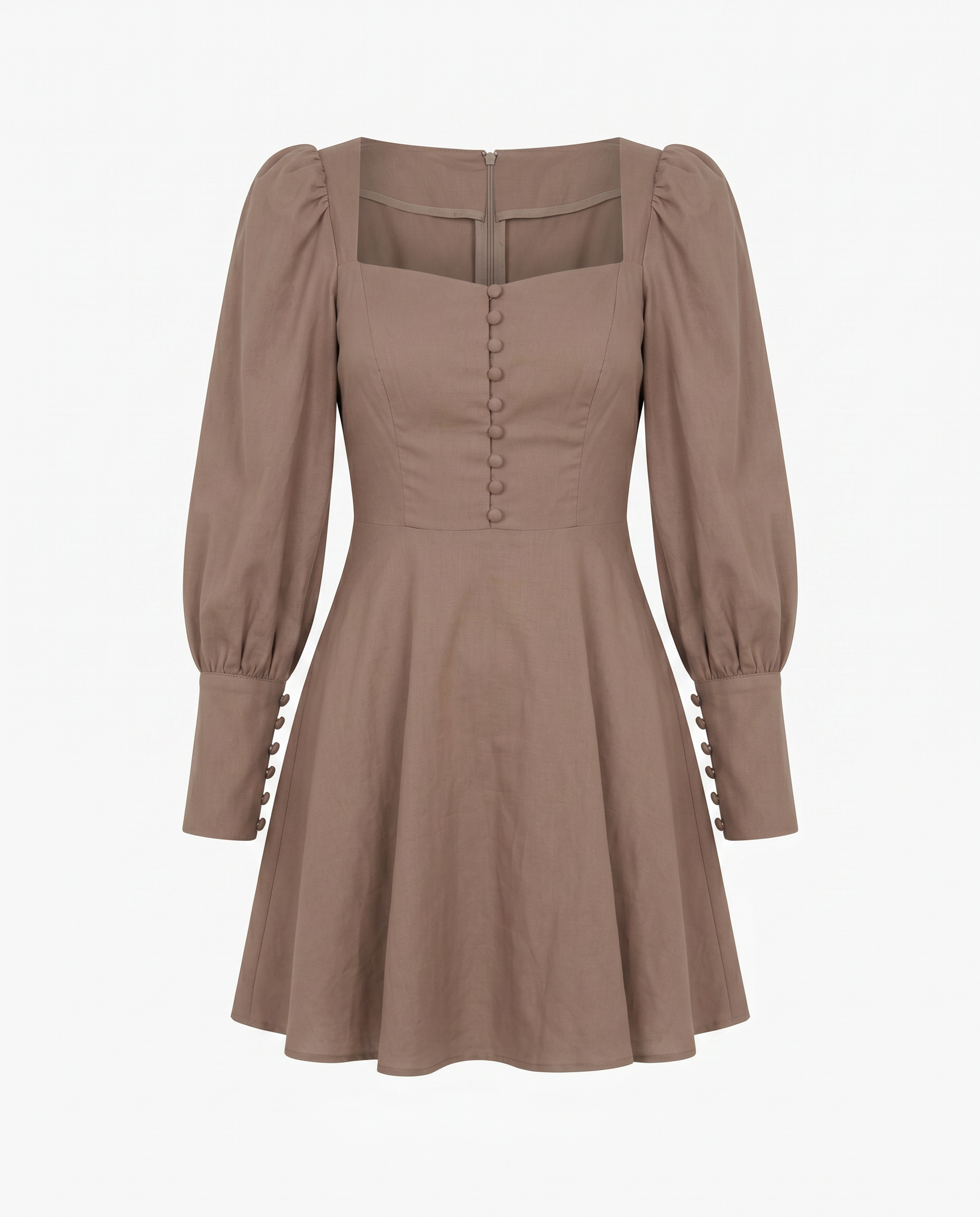 ROMAR Rosette Puff Sleeve Button Mini Dress with decorative rosette details and puffed sleeves, stylish and perfect for summer.