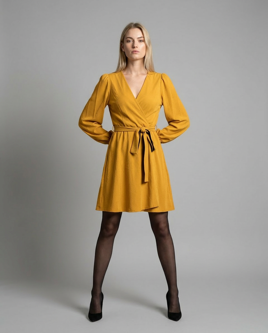 ROMAR ribbed long sleeve wrap mini dress, stylish and fitted with a V-neck, perfect for casual or dressy occasions.