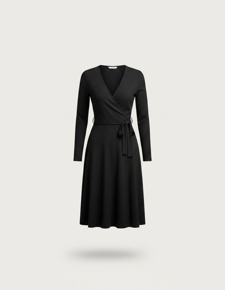 ROMAR ribbed long sleeve wrap mini dress, stylish and fitted with a V-neck, shown in a natural pose on a plain background.