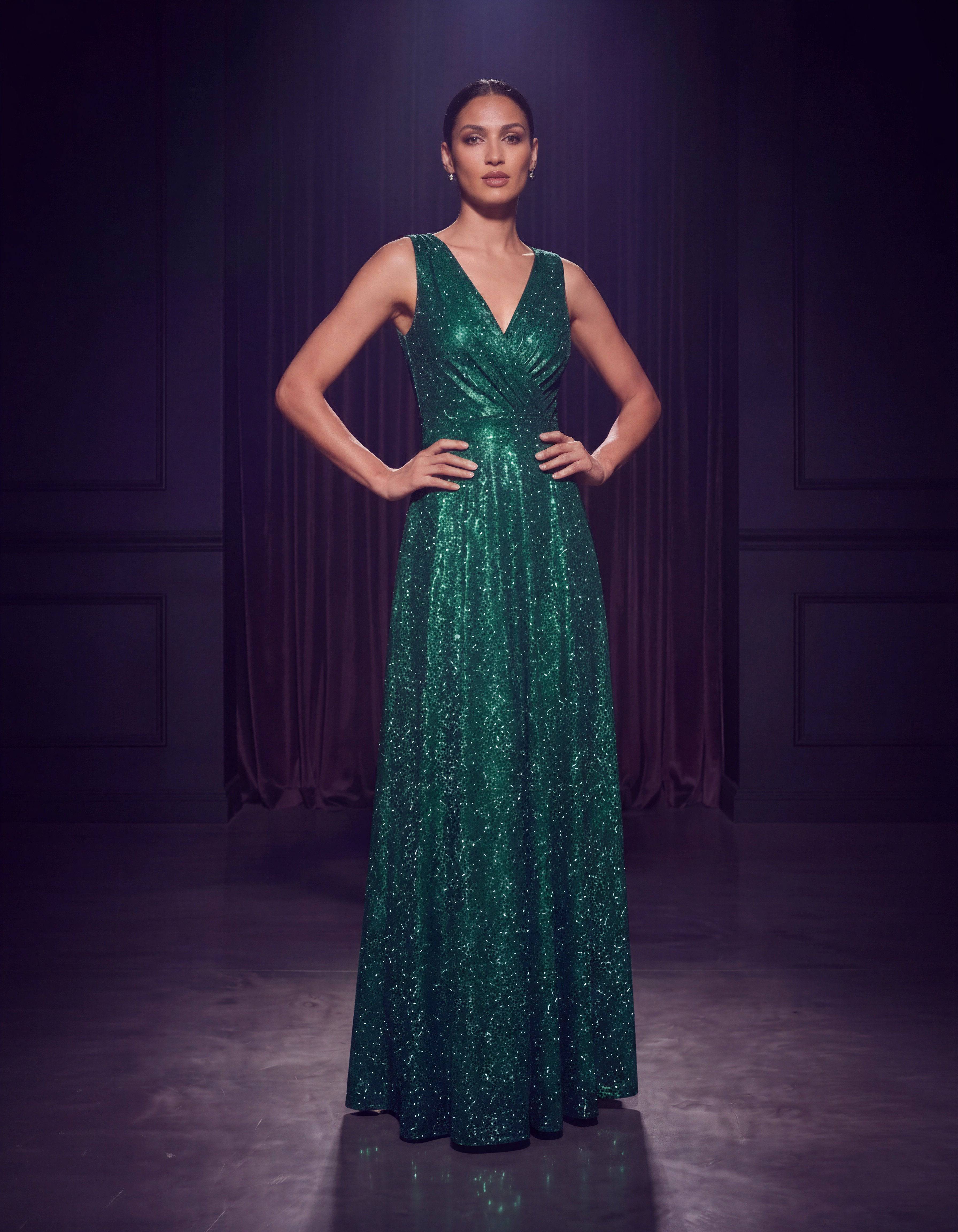 ROMAR glitter wrap V-neck sleeveless prom maxi dress, shiny fabric, elegant design, perfect for formal events.