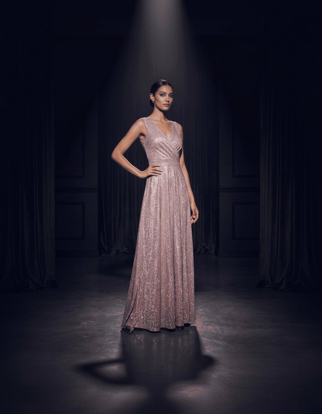 ROMAR glitter wrap V-neck sleeveless prom maxi dress with shimmering fabric, designed for elegant evening events.