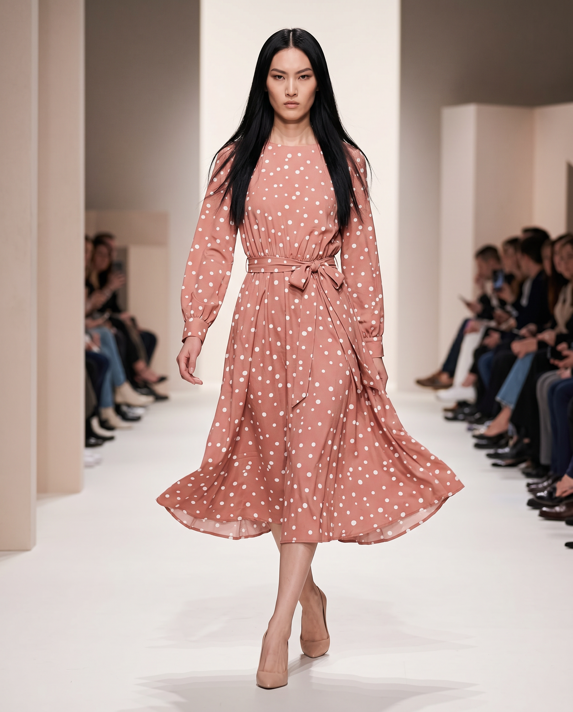 ROMAR Bella Polka Dot Chiffon Midi Dress featuring a flowy chiffon fabric and elegant polka dot pattern.