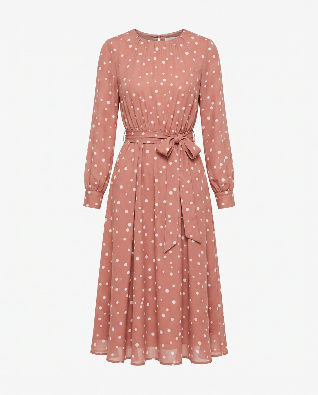 ROMAR Bella Polka Dot Chiffon Midi Dress featuring a flowy chiffon fabric and classic polka dot pattern, shown on a model.
