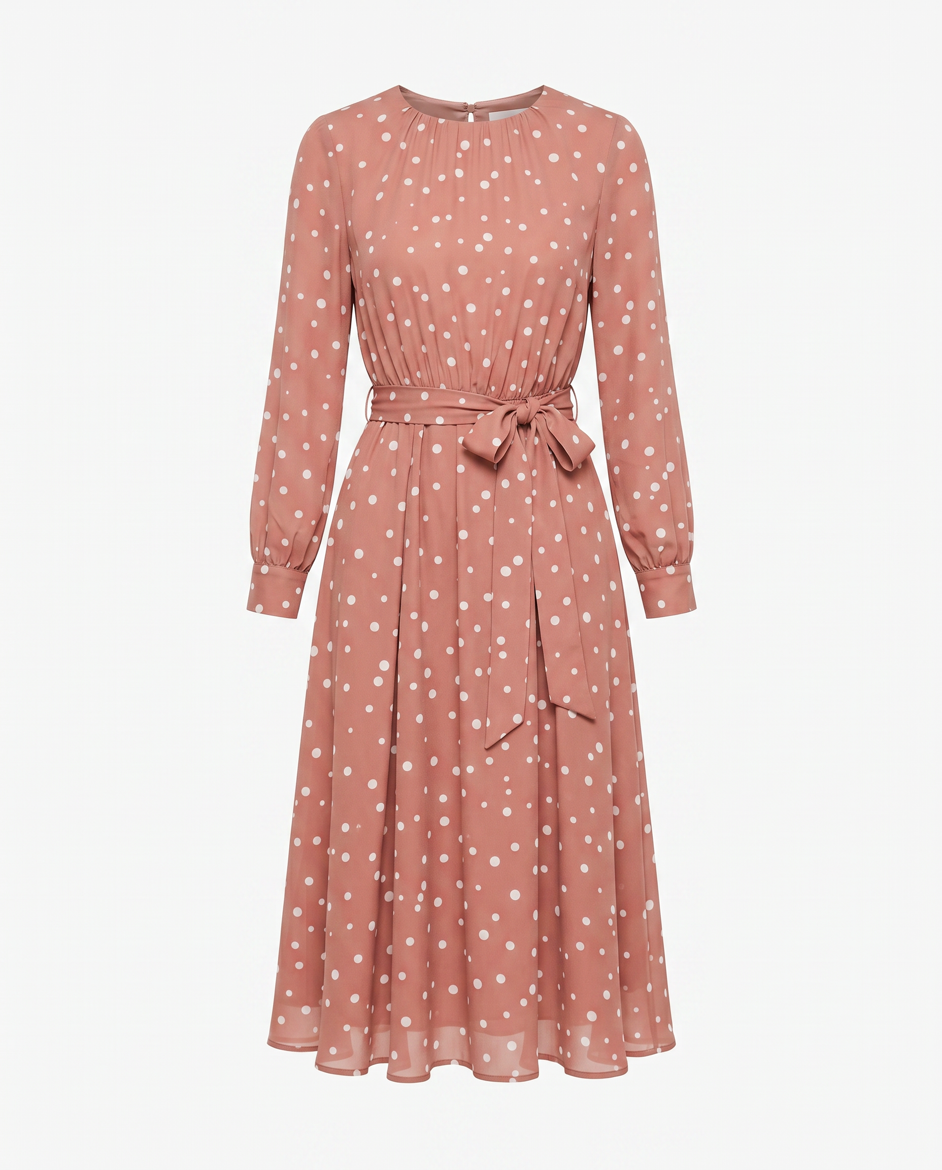 ROMAR Bella Polka Dot Chiffon Midi Dress featuring a flowy chiffon fabric and classic polka dot pattern, shown on a model.
