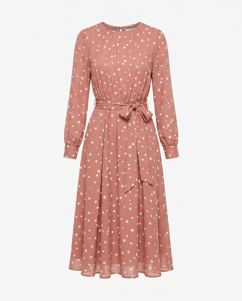 ROMAR Bella Polka Dot Chiffon Midi Dress featuring a flowy chiffon fabric and classic polka dot pattern, shown on a model.