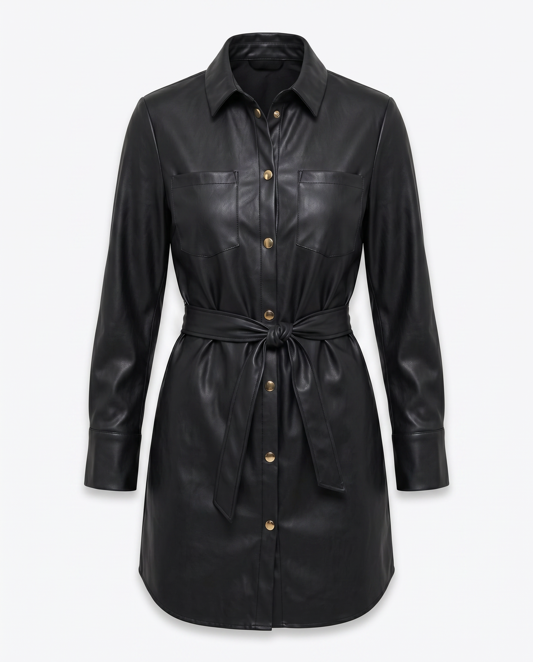 Romar Noir Gold faux leather shirt dress hanging on a wooden rack, showcasing stylish, shiny gold finish and tailored design.