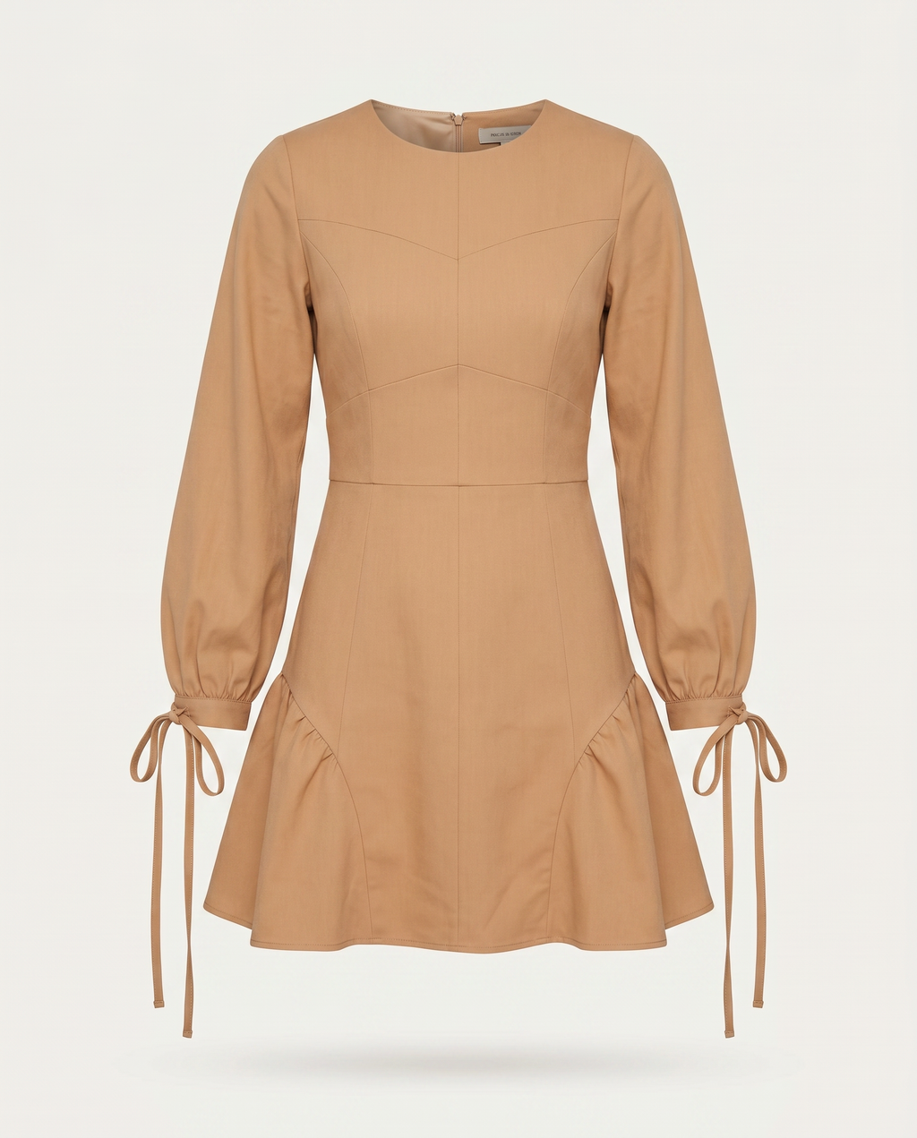ROMAR ruffle hem tie cuff long sleeve mini dress, featuring a stylish design with ruffles and a fitted silhouette.