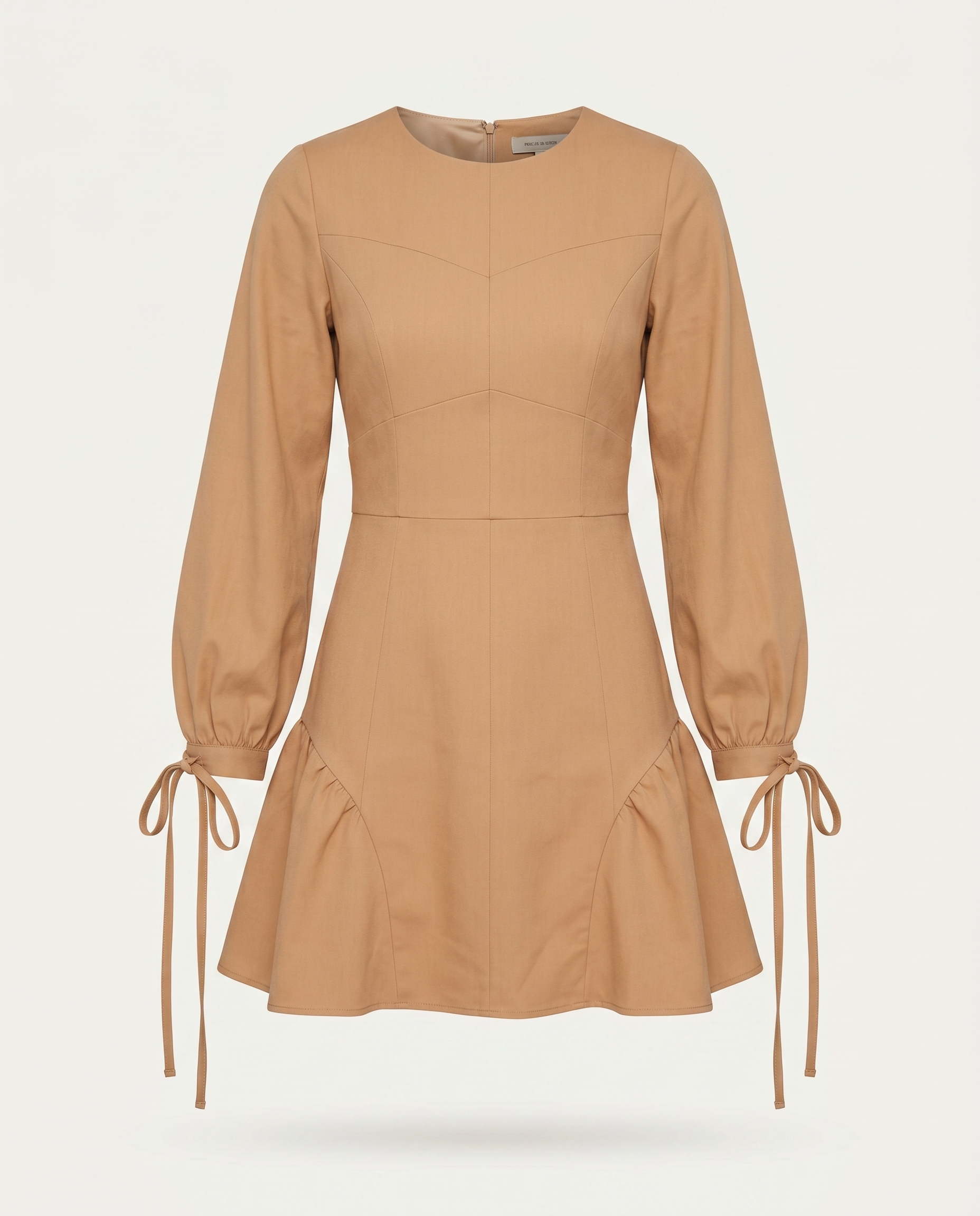 ROMAR ruffle hem tie cuff long sleeve mini dress, featuring a stylish design with ruffles and a fitted silhouette.