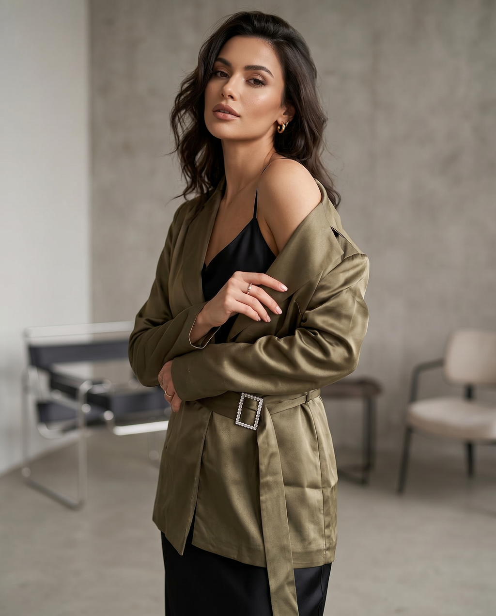 ROMAR Satin Crystal Buckle Belted Blazer, stylish jacket with satin finish and crystal buckle detail, perfect for elegant look