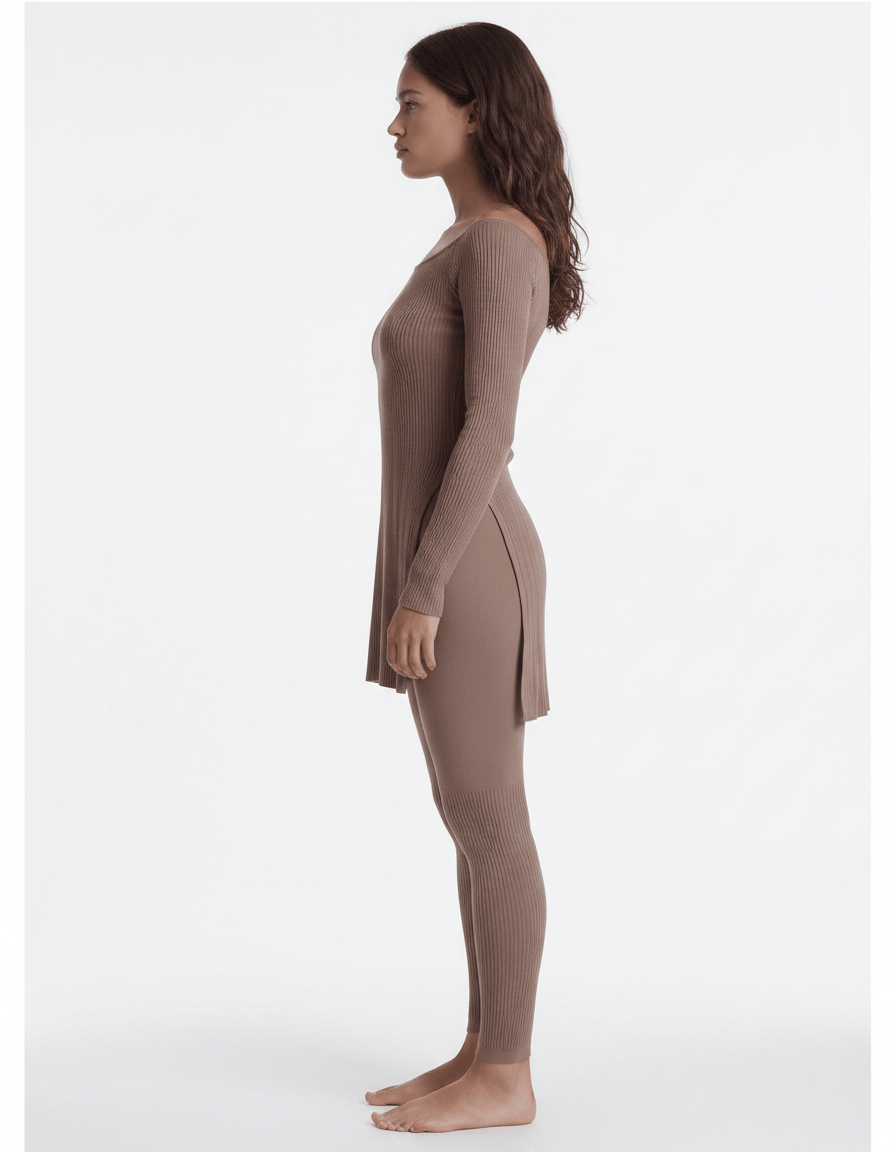 ROMAR ribbed off-shoulder longline top displayed, featuring a fitted design with long sleeves and a stylish off-shoulder neckline.
