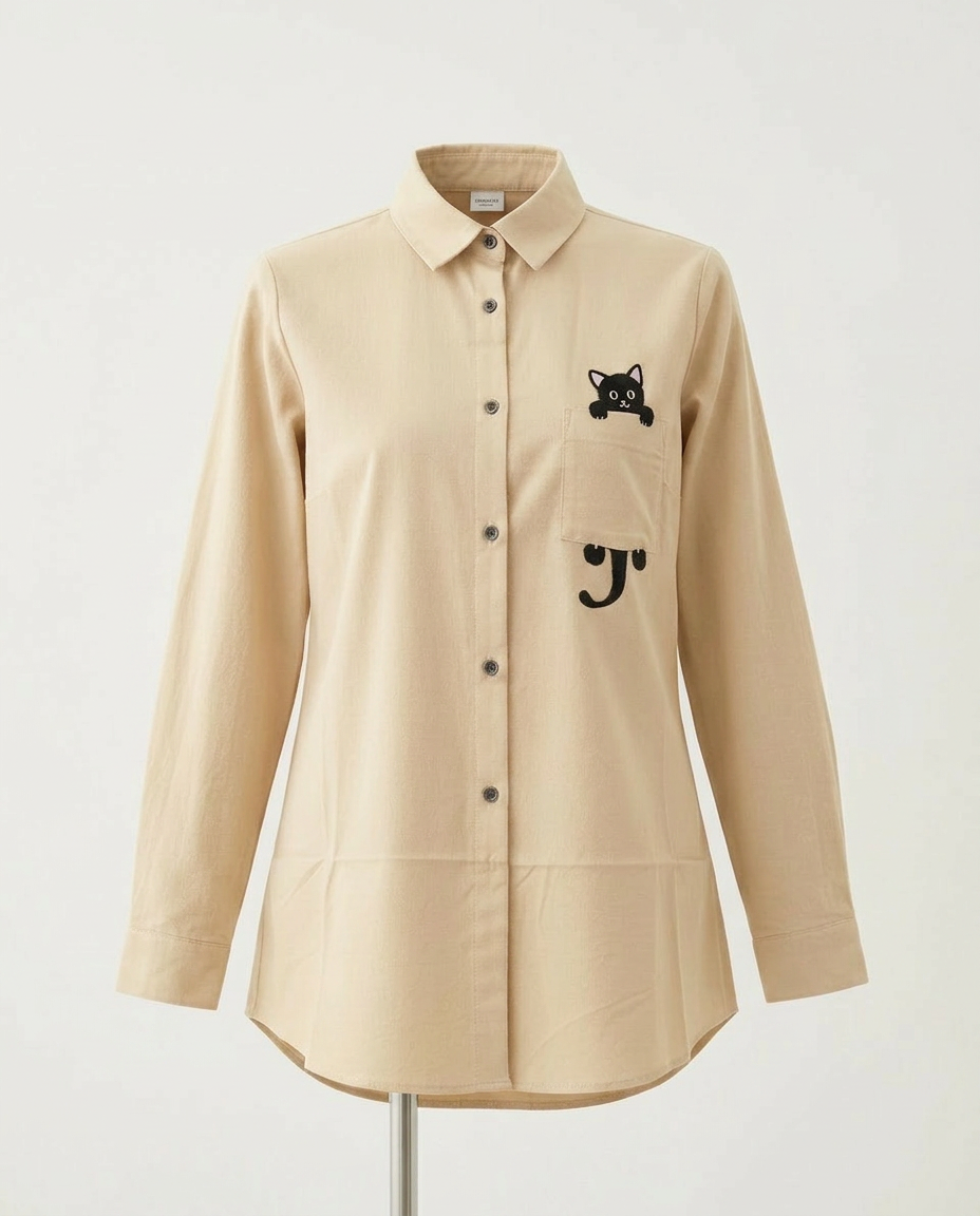 ROMAR Minou embroidered cat pocket shirt, stylish casual top with feline embroidery detail, perfect for everyday wear