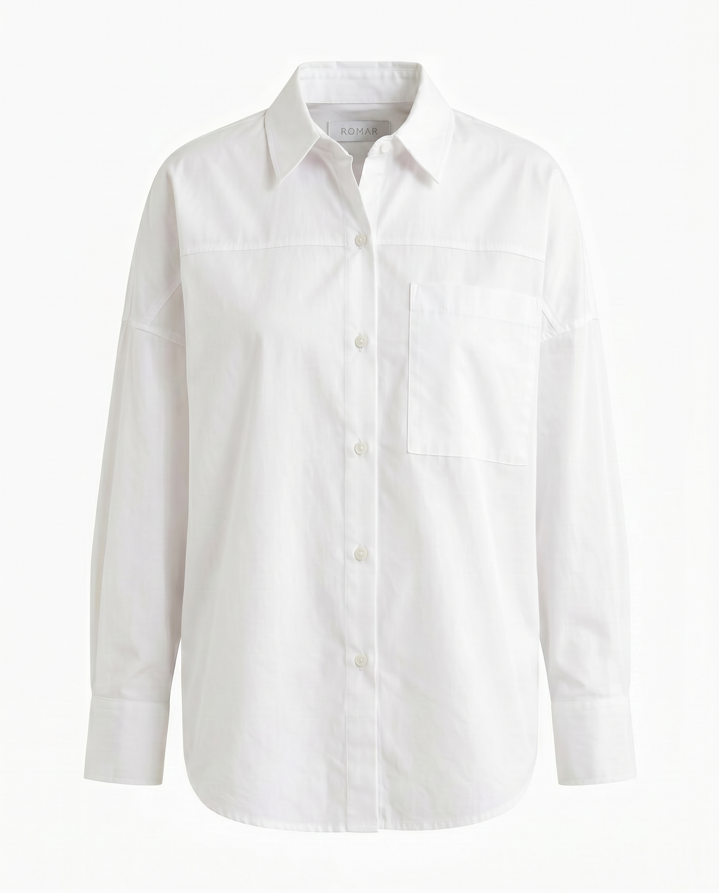 Romar Atelier oversized cotton shirt, casual tops with a relaxed fit, in soft cotton fabric, shown on a hanger against a neutral background.
