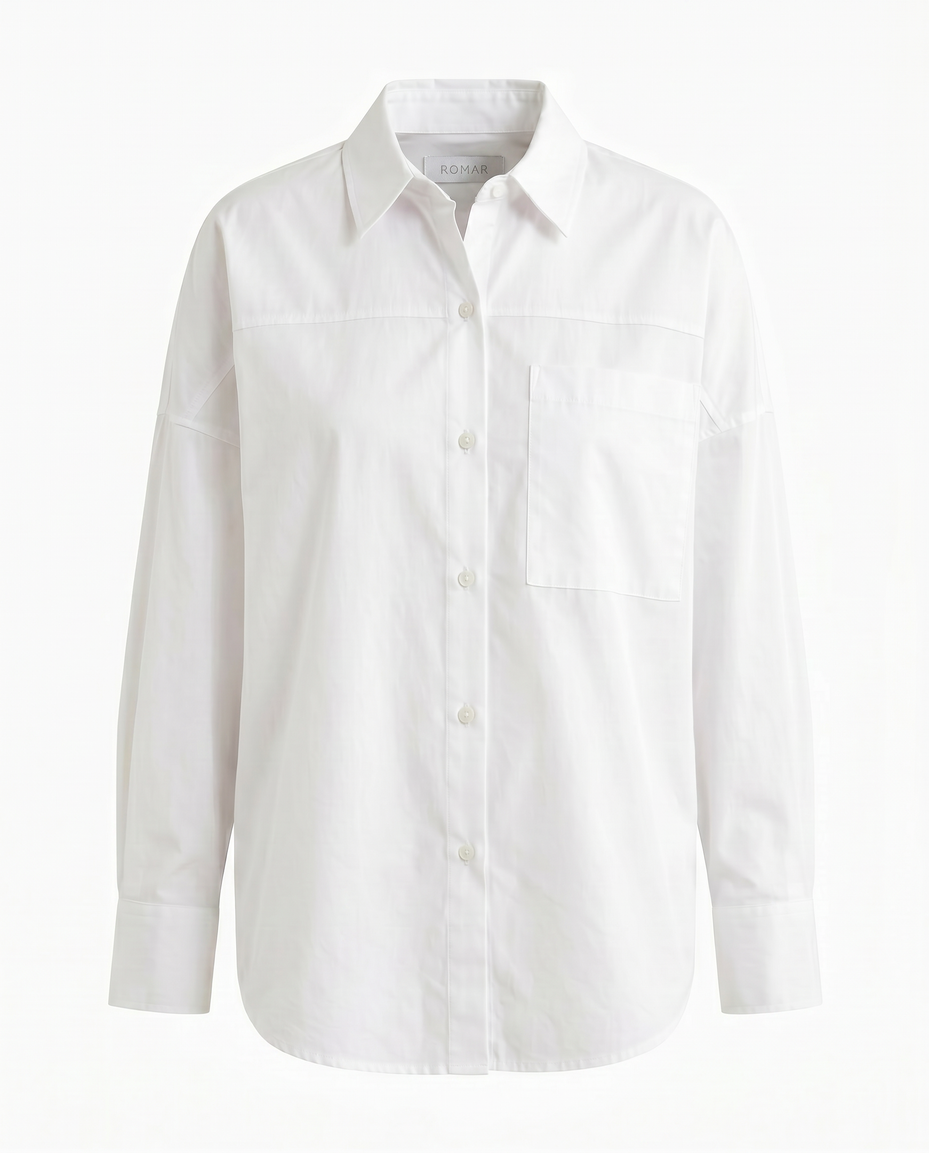 Romar Atelier oversized cotton shirt, casual tops with a relaxed fit, in soft cotton fabric, shown on a hanger against a neutral background.