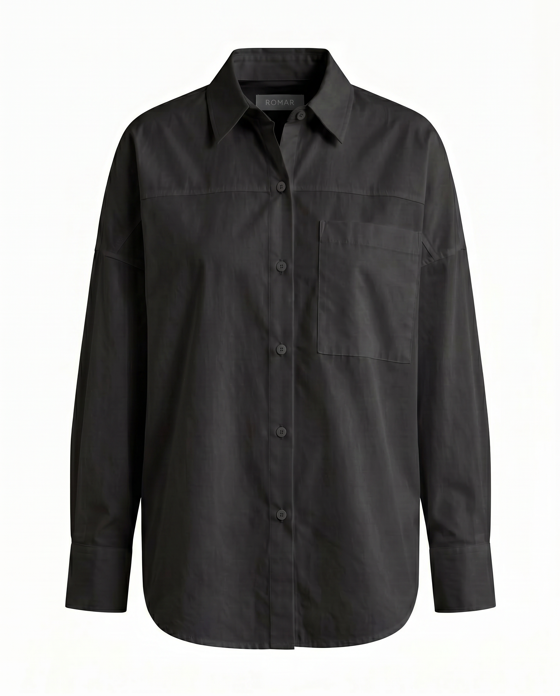 ROMAR Atelier oversized cotton shirt, casual tops in soft white fabric with a relaxed fit and classic collar.